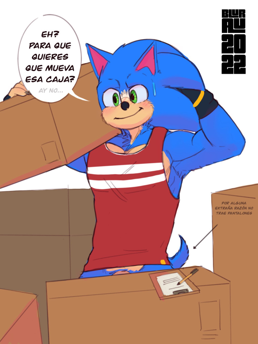 anthro blurau blush bodily_fluids bottomless clothed clothing dialogue genitals hi_res male muscular muscular_male penis sega solo sonic_the_hedgehog sonic_the_hedgehog_(series) spanish_text speech_bubble sweat sweatdrop text