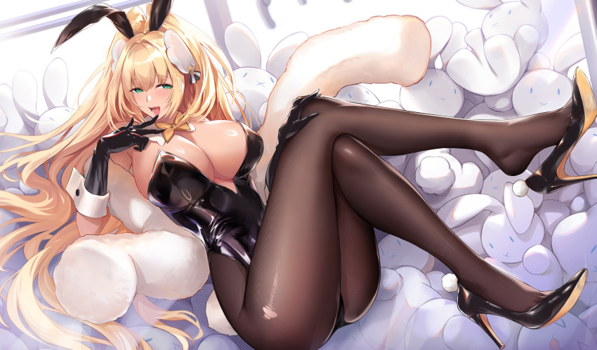 1girl animal_ears bare_shoulders black_gloves black_leotard blonde_hair blush bow bowtie breasts brown_pantyhose cleavage covered_navel detached_collar elbow_gloves fake_animal_ears fake_tail feather_boa gloves goddess_of_victory:_nikke green_eyes high_heels high_ponytail highleg highleg_leotard highres large_breasts leotard long_hair looking_at_viewer nr_noir open_mouth pantyhose playboy_bunny rabbit_ears rabbit_tail rupee_(nikke) rupee_(rabbit_deluxe)_(nikke) smile solo tail wrist_cuffs yellow_bow yellow_bowtie