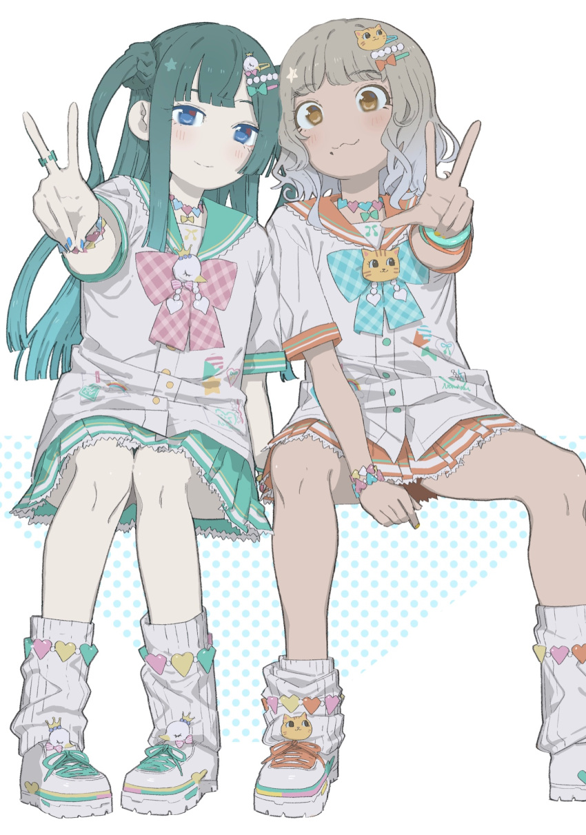 2girls :3 alternate_costume between_legs blue_bow blue_eyes blunt_bangs bow bracelet brown_eyes brown_hair cat_hair_ornament closed_mouth commentary_request curly_hair green_hair green_sailor_collar green_skirt hair_ornament hairclip hairpin hand_between_legs hand_up highres jewelry kemura_(puripurinea) long_hair looking_at_viewer loose_socks miniskirt mole mole_under_mouth multiple_girls necklace one_side_up orange_sailor_collar orange_skirt pink_bow pleated_skirt pretty_(series) pripara ring sailor_collar shirt shoes short_hair short_sleeves sitting skirt smile sneakers socks taiyou_pepper tsukikawa_chiri two_side_up v white_background white_footwear white_shirt white_socks