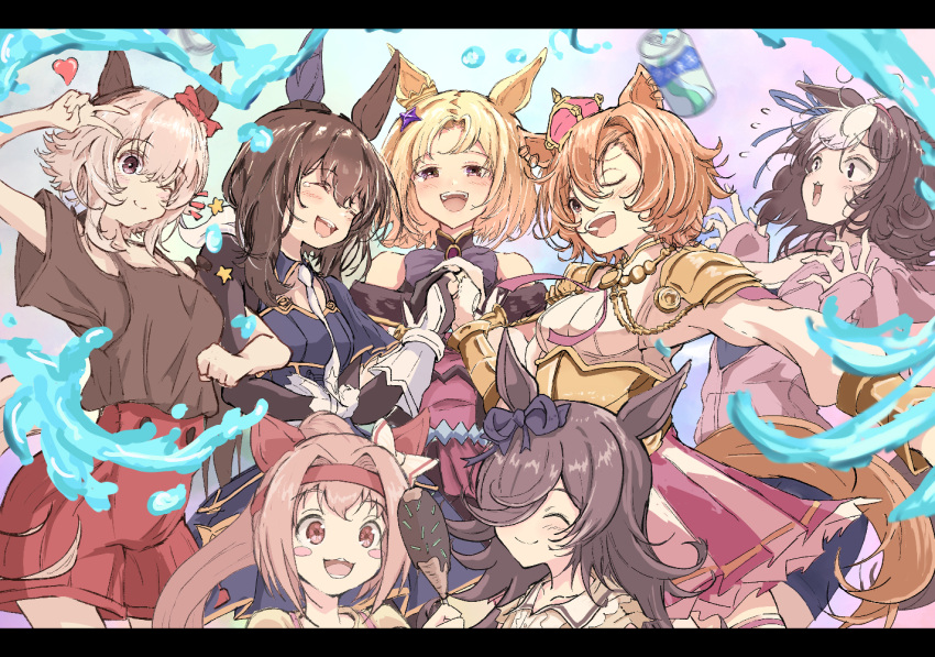 6+girls ^_^ admire_vega_(umamusume) animal_ears armor blonde_hair blue_capelet blue_ribbon blush_stickers bow bowtie breasts brown_hair can capelet carrot casual closed_eyes commentary_request cowboy_shot crown cuirass curren_chan_(umamusume) ear_bow ear_covers ear_ornament ear_piercing ear_ribbon flipped_hair food hair_intakes hair_over_one_eye hairband haru_urara_(umamusume) headband heart high_ponytail holding holding_food holding_hands hood hooded_jacket horse_ears horse_girl horse_tail jacket light_brown_hair long_hair long_sleeves meisho_doto_(umamusume) mini_crown multicolored_hair multiple_girls narita_top_road_(umamusume) necktie one_eye_closed open_mouth orange_hair pauldrons piercing pink_eyes pink_hairband pink_headband pink_jacket pleated_skirt purple_bow purple_bowtie purple_eyes red_bow red_skirt ribbon rice_shower_(umamusume) short_hair short_sleeves shoulder_armor skirt soda soda_can swept_bangs t.m._opera_o_(umamusume) tail tilted_headwear tsetainsu two-tone_bow two-tone_hair umamusume umamusume:_road_to_the_top v white_bow white_hair white_necktie