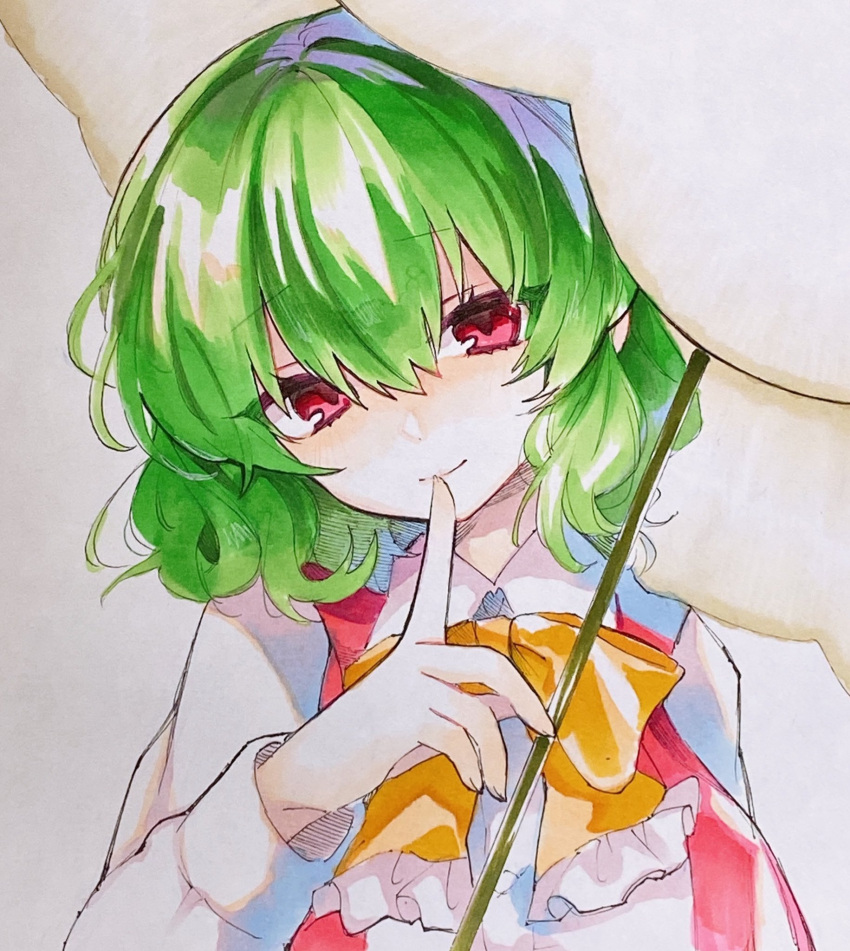 1girl ascot bow bowtie closed_mouth finger_to_mouth frilled_bow frills green_hair hair_between_eyes half-closed_eyes highres index_finger_raised kazami_yuuka light_brown_hair long_sleeves looking_at_viewer moni_monico parasol portrait red_eyes red_shirt red_vest shirt short_hair solo touhou traditional_media umbrella upper_body vest wavy_hair white_sleeves