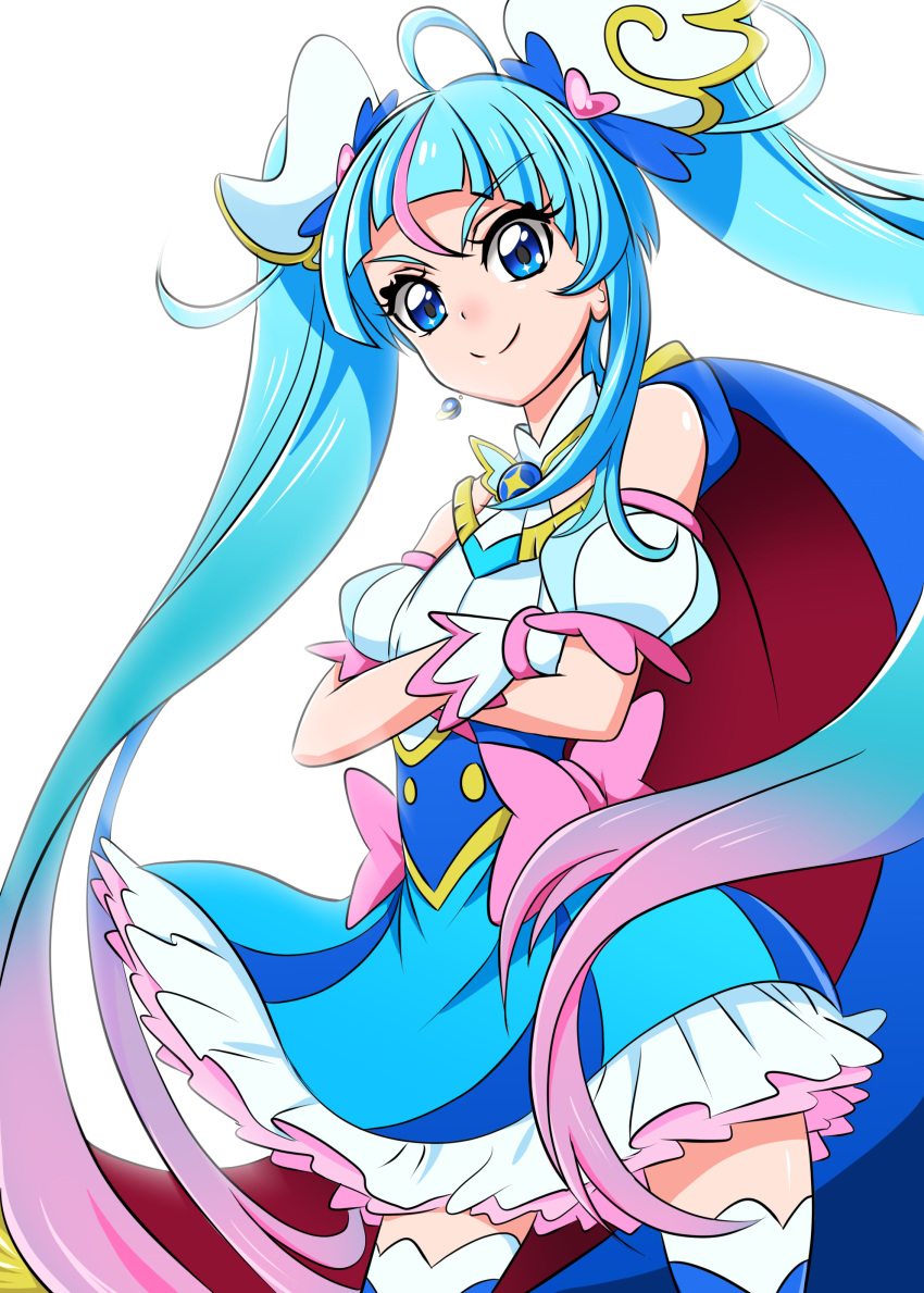 1girl absurdres ahoge arudebido backlighting blue_cape blue_dress blue_eyes blue_hair blue_thighhighs bow brooch cape commentary cowboy_shot cure_sky detached_sleeves doyagao dress earrings frilled_dress frills gloves highres hirogaru_sky!_precure jewelry long_hair looking_at_viewer magical_girl multicolored_hair pink_bow pink_hair precure puffy_detached_sleeves puffy_sleeves red_cape short_dress simple_background single_earring single_sidelock sleeveless sleeveless_dress smirk smug solo sora_harewataru standing streaked_hair thighhighs twintails two-sided_cape two-sided_fabric very_long_hair white_background white_gloves wind wing_hair_ornament