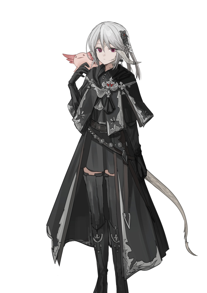 1girl animal au_ra axolotl black_footwear black_gloves black_robe black_shirt black_skirt black_thighhighs boots chihuri collared_shirt dragon_girl dragon_horns dragon_tail dress_shirt elbow_gloves final_fantasy final_fantasy_xiv gloves grey_hair hair_between_eyes hand_up highres horns knee_boots pleated_skirt red_eyes robe shirt simple_background skirt solo tail thighhighs thighhighs_under_boots warrior_of_light_(ff14) white_background
