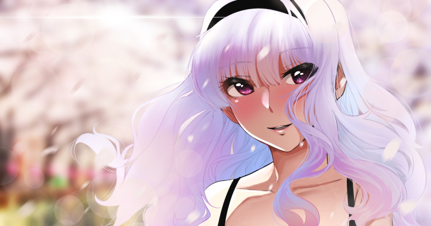 1girl bare_shoulders black_hairband blurry blurry_background blush cherry_blossoms collarbone depth_of_field eyelashes falling_petals hair_between_eyes hairband highres idolmaster kumako_(kumakonoh) long_hair looking_to_the_side nose_blush open_mouth outdoors petals purple_eyes shijou_takane smile solo tree upper_body white_hair