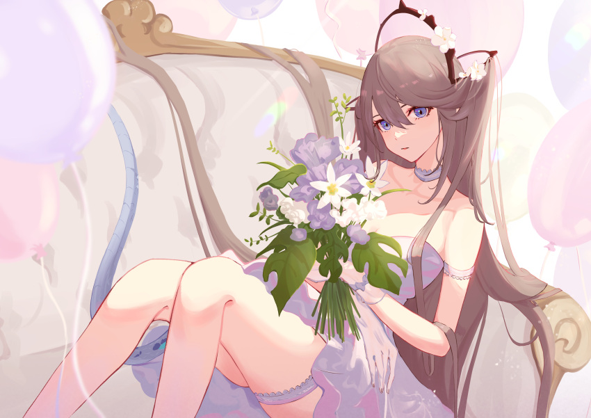 1girl absurdres alternate_costume aoi_tooru arknights balloon blue_eyes bouquet breasts brown_hair choker cleavage collarbone couch dress feet_out_of_frame flower gloves highres holding holding_bouquet indigo_(arknights) knees_up long_hair looking_at_viewer on_couch parted_lips solo tail thigh_strap very_long_hair white_choker white_dress white_flower white_gloves