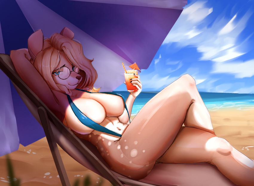 anthro beach beverage big_breasts bikini blonde_hair blue_eyes blue_sky breasts cervine cleavage clothed clothing crossed_legs day deer eyewear female fur glasses hair hi_res kbart long_hair looking_at_viewer mammal navel outside rachel_campbell_(thatnaughtyvixen) reclining sand seaside shaded sky sling_bikini smile solo swimwear umbrella under_shade