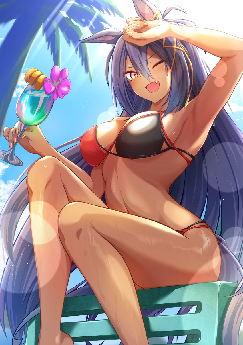 1girl ;d absurdres alternate_costume animal_ears arm_up armpits bikini black_bikini black_hair breasts cleavage cocktail commentary_request cup dark-skinned_female dark_skin ear_ornament eve_on_k foot_out_of_frame highres hishi_amazon_(umamusume) holding holding_cup horse_ears horse_girl horse_tail large_breasts long_hair on_chair one_eye_closed red_bikini red_eyes sitting smile solo swimsuit tail two-tone_bikini umamusume very_long_hair