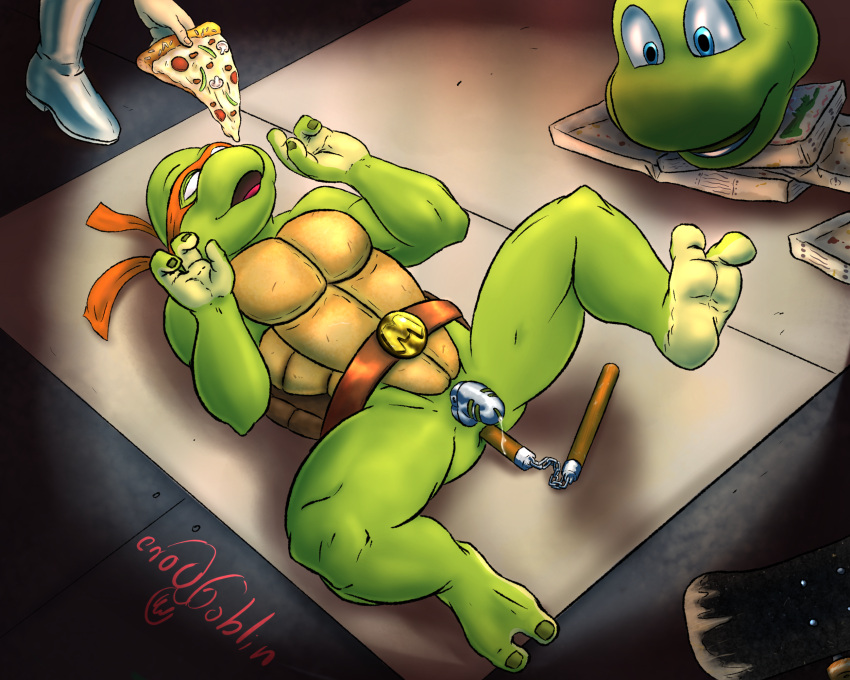 1990s 2_toes anal anal_penetration anthro bodily_fluids buttplug chastity_bulge chastity_cage chastity_device cum cum_drip dominant dominant_female dripping duo feet female food genital_fluids gone_goblin hi_res male melee_weapon michelangelo_(tmnt) ninja nunchaku penetration pizza pizza_slice plug_(sex_toy) precum reptile scalie sex_toy teasing teenage_mutant_ninja_turtles toes turtle warrior weapon