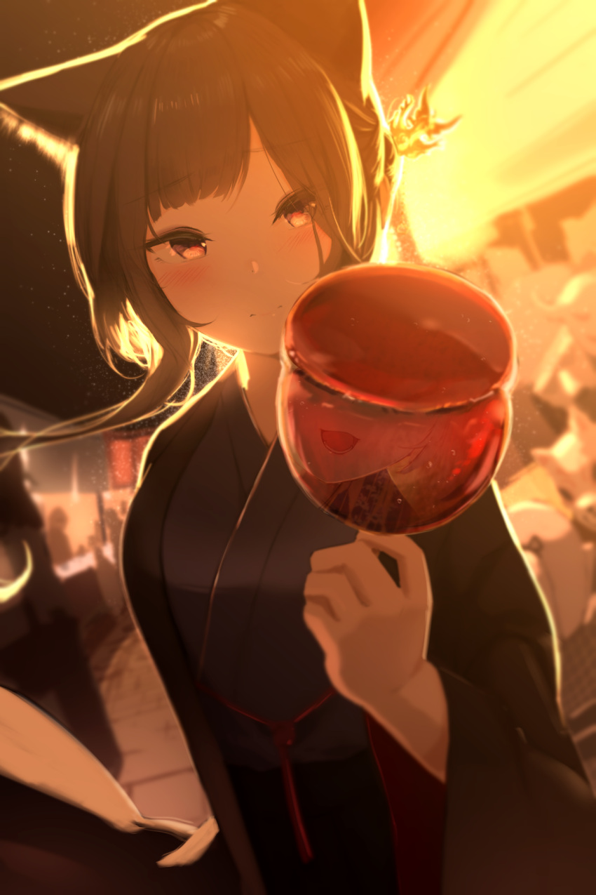 2girls animal_ear_fluff animal_ears backlighting black_hair black_kimono blunt_bangs blush brown_eyes candy_apple cat_ears closed_mouth female_pov festival food futoshi_ame highres japanese_clothes kimono long_hair long_sleeves looking_at_viewer multiple_girls night open_clothes original outdoors pov reflection solo_focus upper_body wide_sleeves