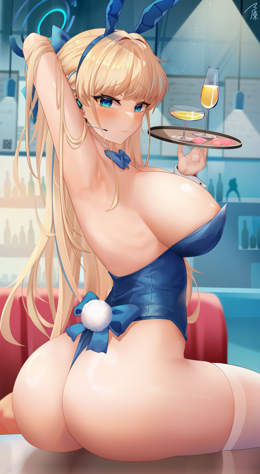 1girl absurdres alternate_breast_size animal_ears areola_slip arm_up armpits ass blonde_hair blue_archive blue_eyes blue_leotard bow bowtie braid breasts condom cup detached_collar drinking_glass fake_animal_ears fake_tail halo highres holding holding_tray laochen large_breasts leotard long_hair looking_at_viewer multicolored_hair official_alternate_costume playboy_bunny rabbit_ears rabbit_tail solo strapless strapless_leotard streaked_hair tail thighhighs thighs toki_(blue_archive) toki_(bunny)_(blue_archive) tray very_long_hair white_thighhighs wine_glass wrist_cuffs