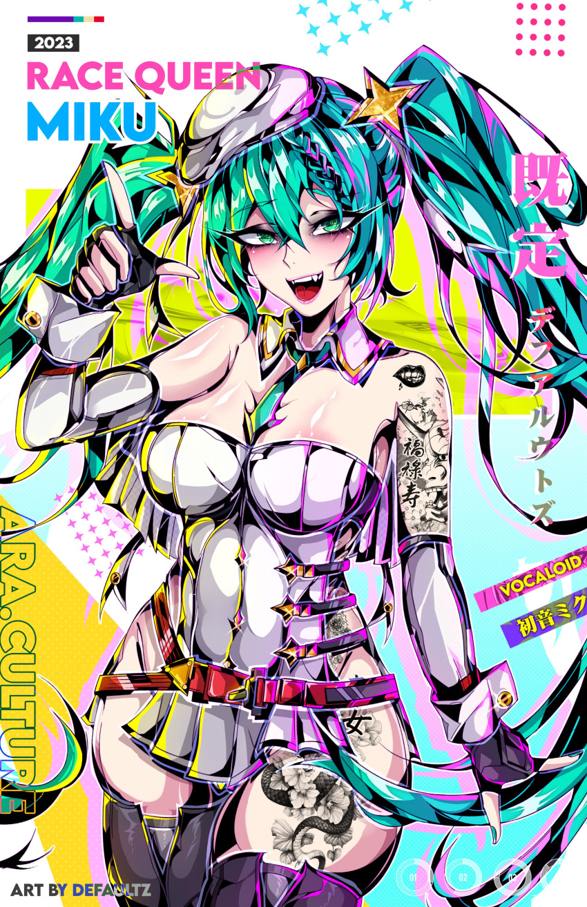 1girl absurdres arm_tattoo artist_name bare_shoulders beret black_gloves black_thighhighs braid breasts character_name defaultz detached_collar detached_sleeves dress eyeshadow fang fingerless_gloves gloves green_eyes green_hair green_nails green_necktie hair_ornament hat hatsune_miku highres large_breasts leg_tattoo makeup necktie open_mouth pelvic_curtain race_queen racing_miku_(2023) sideless_outfit star_(symbol) star_hair_ornament strap tattoo thighhighs thighs tongue twintails vocaloid white_dress white_headwear