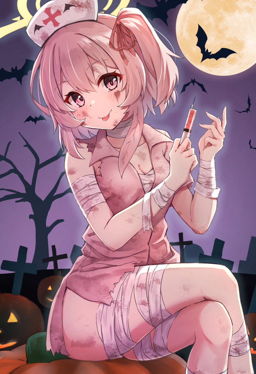1girl animal ass bandaged_arm bandaged_chest bandaged_leg bandages bat_(animal) blue_archive blush breasts cleavage closed_mouth collarbone dress feet_out_of_frame graveyard hair_between_eyes hair_ribbon halloween halloween_costume halo hat highres holding holding_syringe jack-o'-lantern looking_at_viewer matsu520 nurse_cap one_side_up pink_dress pink_eyes pink_hair red_ribbon revision ribbon serina_(blue_archive) serina_(nurse)_(blue_archive) short_hair short_sleeves smile solo syringe tombstone tongue tongue_out white_headwear yellow_halo