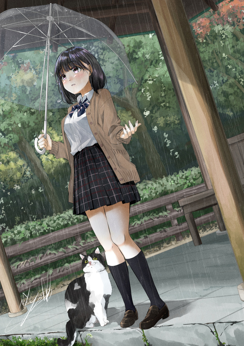 1girl black_hair black_skirt brown_cardigan cardigan cat collared_shirt highres holding holding_umbrella original outdoors pleated_skirt purple_eyes rain school_uniform shirt short_hair signature skirt solo soragane_(banisinngurei) transparent transparent_umbrella tree umbrella white_shirt