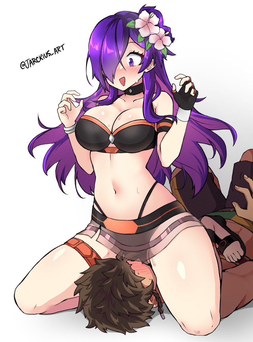 1boy 1girl absurdres accident bare_shoulders bikini black_bikini black_choker breasts choker claude_von_riegan claude_von_riegan_(summer) cleavage fire_emblem fire_emblem:_three_houses fire_emblem_heroes fire_emblem_warriors:_three_hopes flower girl_on_top hair_bun hair_flower hair_ornament hair_over_one_eye hetero highres jarckius large_breasts long_hair navel official_alternate_costume purple_eyes purple_hair shez_(female)_(fire_emblem) shez_(female)_(summer)_(fire_emblem) shez_(fire_emblem) simple_background single_hair_bun sitting sitting_on_face sitting_on_person stomach swimsuit unlikely_accident white_flower