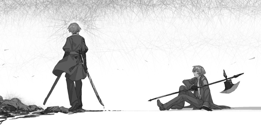 2boys axe black_footwear blood blood_on_clothes blood_on_ground coat corpse dual_persona full_body gloves greyscale halberd highres holding holding_weapon japanese_clothes katana kimono limbus_company long_sleeves male_focus monochrome multiple_boys pants polearm project_moon puffy_short_sleeves puffy_sleeves sheath shiqicheng shoes short_sleeves sinclair_(limbus_company) sitting sword weapon
