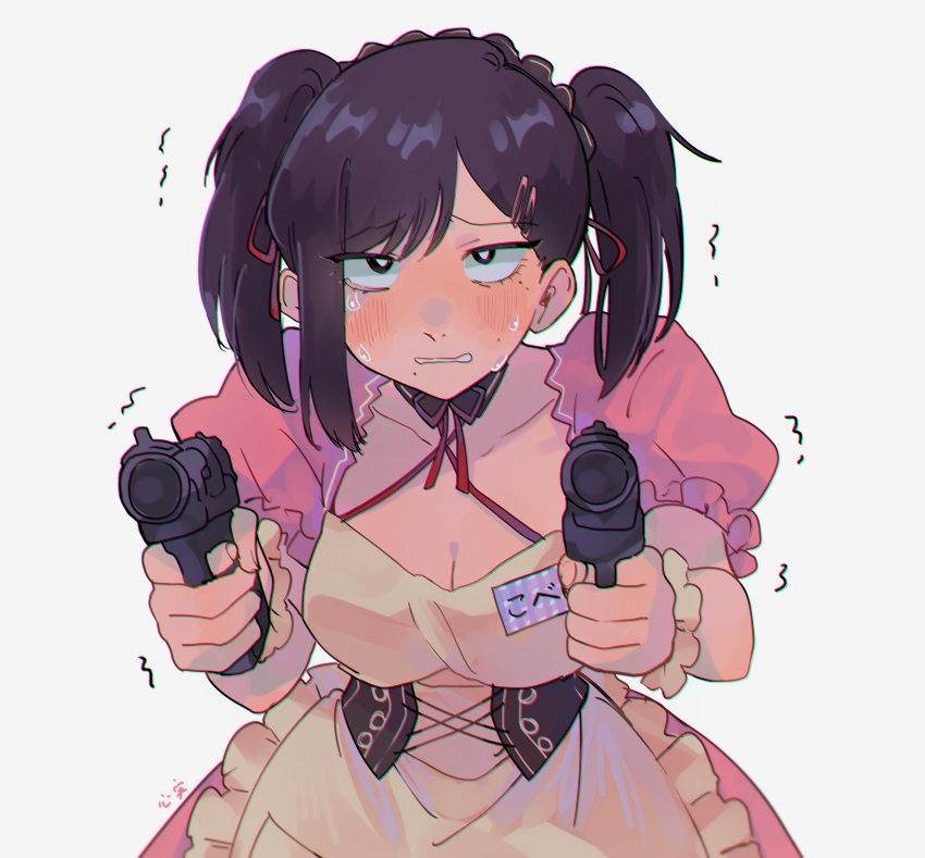 1girl absurdres blush breasts brown_hair chainsaw_man cleavage dual_wielding gun higashiyama_kobeni highres holding holding_gun holding_weapon kokomi_(aniesuakkaman) large_breasts looking_at_viewer maid mole mole_under_eye mole_under_mouth name_tag parted_lips puffy_short_sleeves puffy_sleeves short_hair short_sleeves short_twintails sidelocks solo twintails weapon