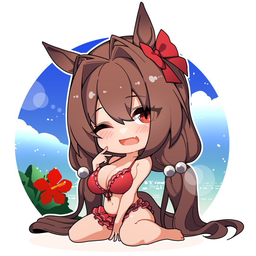 1girl animal_ears bare_shoulders barefoot bikini bikini_skirt blue_sky breasts brown_eyes brown_hair chibi cloud commentary daiwa_scarlet_(umamusume) day fang flower frilled_bikini frills front-tie_bikini_top front-tie_top hair_between_eyes hair_bobbles hair_intakes hair_ornament hair_ribbon hibiscus highres horse_ears horse_girl horse_tail large_breasts lens_flare long_hair looking_at_viewer low_twintails navel ocean one_eye_closed open_mouth outdoors red_bikini red_flower red_ribbon ribbon round_image sitting skin_fang skindentation sky smile solo swimsuit tail thighs twintails umamusume very_long_hair warashi wariza water