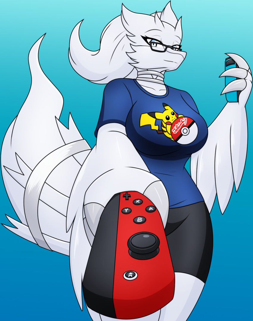 anthro blue_eyes breasts claws clothing controller eyewear female fluffy fluffy_hair fur game_controller generation_5_pokemon glasses hair hi_res holding_object joycon_controller legendary_pokemon nintendo nintendo_controller nintendo_switch pokemon pokemon_(species) reshiram shirt simple_background smile solo t-shirt tetsushi topwear white_body white_fur