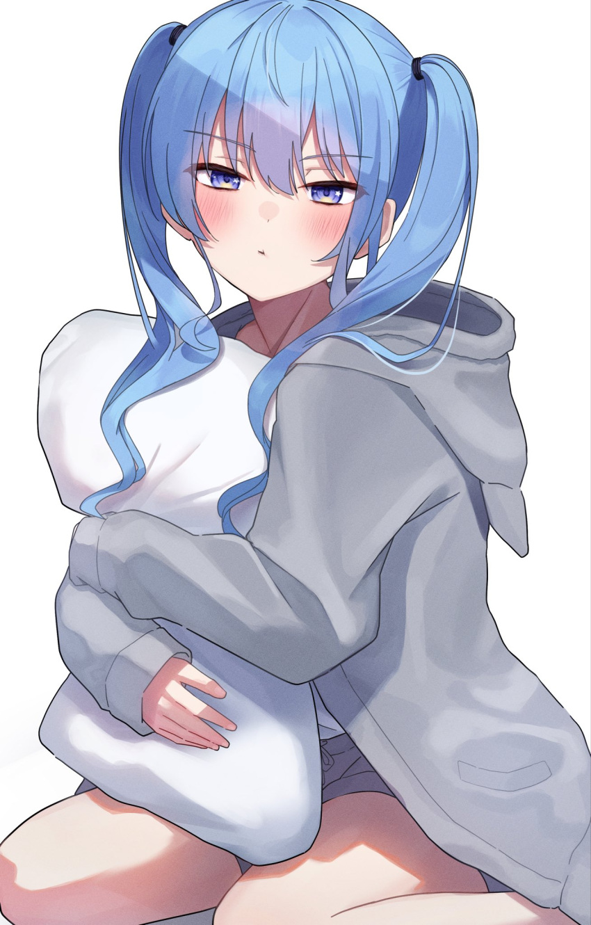 1girl alternate_costume alternate_hairstyle blue_eyes blue_hair blush closed_mouth commentary feet_out_of_frame grey_hoodie grey_shorts highres holding holding_pillow hololive hood hood_down hoodie hoshimachi_suisei hugging_object light_blue_hair long_hair looking_at_viewer loungewear pillow pillow_hug pout short_shorts shorts shumpi simple_background sitting solo star_(symbol) star_in_eye symbol_in_eye twintails virtual_youtuber wariza white_background