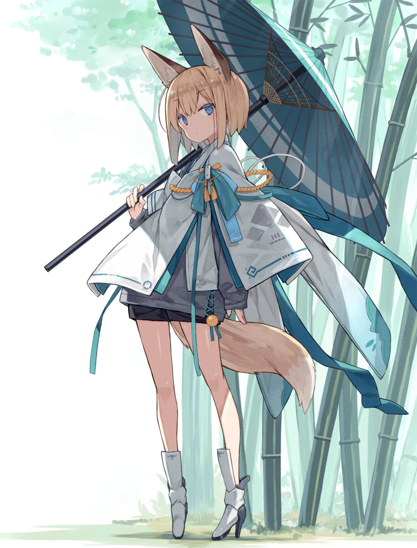 1girl animal_ears bamboo bamboo_forest black_shorts blue_eyes blue_umbrella blush boots closed_mouth commentary_request day forest fox_ears fox_girl fox_tail full_body grey_shirt hair_between_eyes high_heel_boots high_heels highres holding holding_umbrella jacket light_brown_hair long_sleeves looking_at_viewer nature oil-paper_umbrella original outdoors poco_(asahi_age) puffy_long_sleeves puffy_sleeves shirt short_shorts shorts sleeves_past_wrists solo standing tail umbrella white_footwear white_jacket