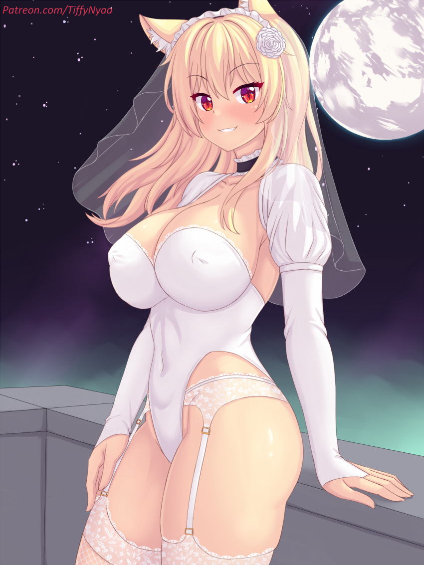 1girl animal_ears blonde_hair blush breasts bridal_gauntlets cat_ears cat_girl commentary covered_navel english_commentary full_moon garter_belt garter_straps highleg highleg_leotard highres large_breasts leotard long_hair looking_at_viewer moon night nottytiffy original parted_lips patreon_username red_eyes see-through slit_pupils smile solo teeth thighhighs thighs tiffy_(nottytiffy) veil white_garter_belt white_garter_straps white_leotard white_thighhighs