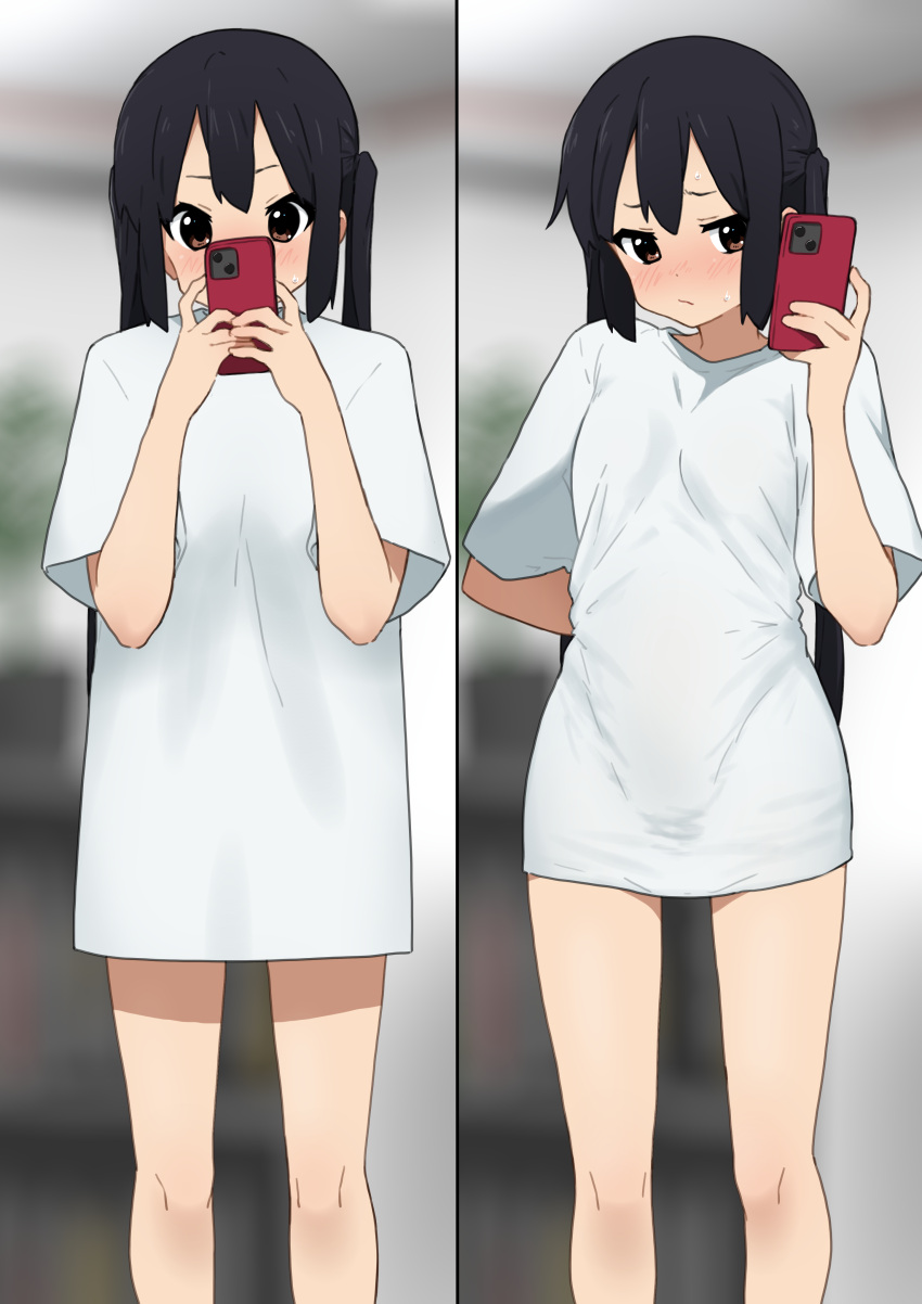 1girl absurdres black_hair blurry blurry_background blush breasts brown_eyes cellphone commentary commission embarrassed feet_out_of_frame highres holding holding_phone k-on! kicchi_(tmgk) long_hair meme multiple_views nakano_azusa pajamas_challenge_(meme) phone selfie shirt short_sleeves skeb_commission small_breasts smartphone sweat taking_picture twintails white_shirt