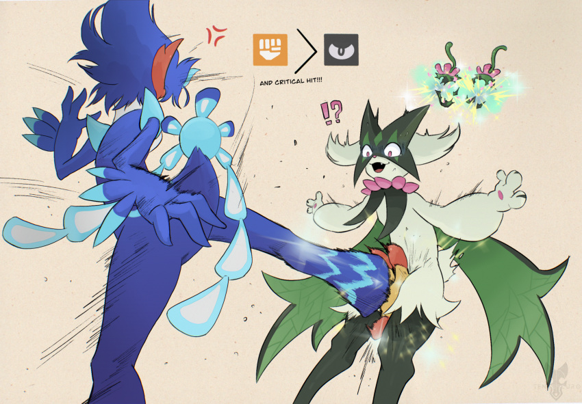 ambiguous_gender anthro biped blue_body crotch_shot duo exclamation_point fangs fight generation_9_pokemon green_body hi_res looking_down male meowscarada nintendo open_mouth pawpads pink_eyes pokemon pokemon_(species) quaquaval question_mark simple_background teeth tenebscuro white_body