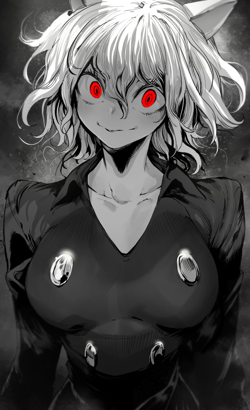 1girl absurdres animal_ears breasts buttons collarbone eyelashes greyscale hair_between_eyes highres hunter_x_hunter looking_at_viewer medium_breasts monochrome neferpitou niwarhythm parted_lips red_eyes shirt short_hair simple_background solo spot_color upper_body v-neck