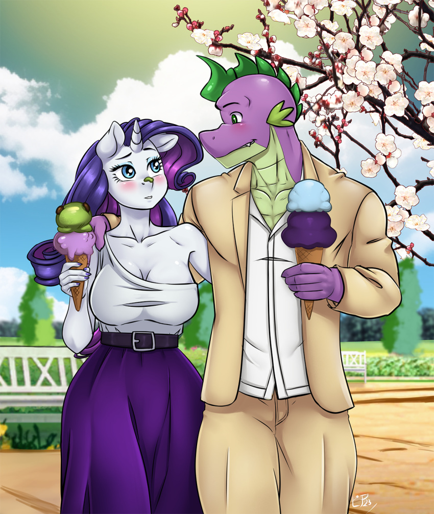 anthro anthrofied bottomwear breasts cleavage clothed clothing dessert equid equine female food friendship_is_magic hair hasbro hi_res horn ice_cream larger_male male mammal my_little_pony pia-sama purple_hair rarity_(mlp) size_difference skirt smaller_female spike_(mlp) unicorn