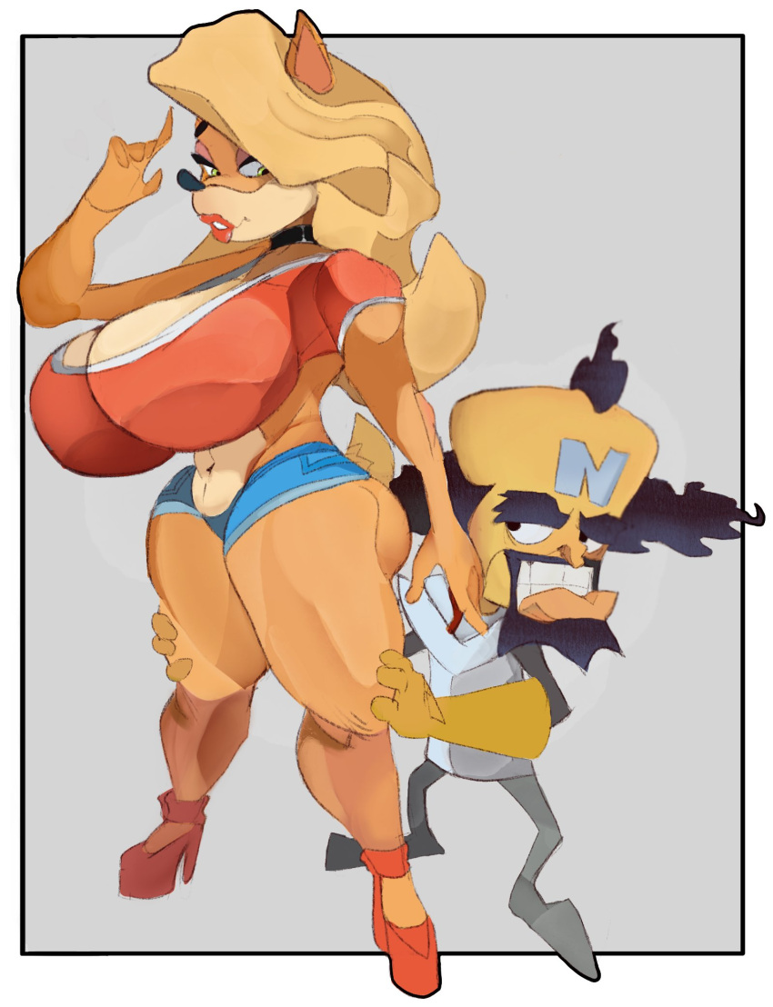 activision anthro bandicoot big_breasts black_choker black_eyes black_hair black_jewelry black_necklace blonde_hair blue_bottomwear blue_clothing blue_shorts bottomwear breasts brown_body brown_fur choker cleavage clothed clothing crash_bandicoot_(series) crbtps doctor_neo_cortex duo eyebrows eyeshadow female footwear fur grin hair hi_res high_heels hotpants huge_breasts human jewelry larger_female lips long_hair looking_at_another makeup male male/female mammal marsupial midriff navel necklace raised_tail red_clothing red_footwear red_heels red_lips red_shirt red_topwear shirt short_tail shorts size_difference smile tail tawna_bandicoot thick_eyebrows thick_lips thick_thighs topwear yellow_body yellow_skin