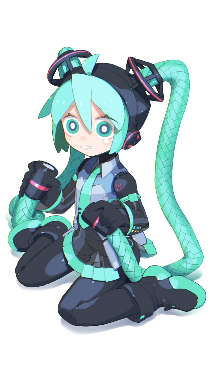 1girl absurdres ahoge android aqua_eyes aqua_hair aqua_necktie boots bright_pupils cable cheri_zao collared_shirt commentary detached_sleeves film_grain full_body grin hands_up hatsune_miku hatsune_miku_(vocaloid3) highres holding holding_cable holding_hair long_hair looking_at_viewer mechanical_parts necktie number_tattoo pleated_skirt robot_girl see-through see-through_skirt see-through_sleeves shirt sitting skirt smile solo tattoo tearing_up tie_clip twintails very_long_hair vocaloid wariza white_background white_pupils