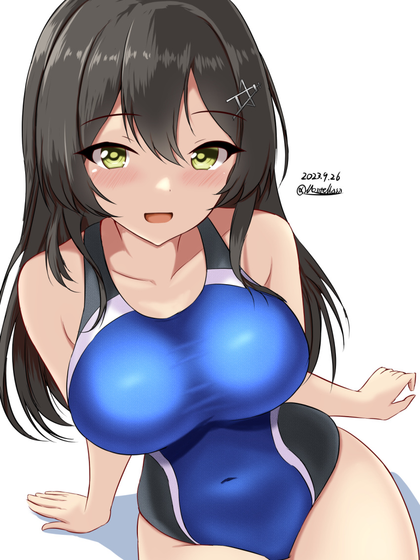 1girl black_hair black_one-piece_swimsuit blue_one-piece_swimsuit blush breasts collarbone competition_swimsuit covered_navel cowboy_shot dated hair_between_eyes hair_ornament hairclip highleg highleg_swimsuit highres impossible_clothes impossible_swimsuit kantai_collection large_breasts long_hair looking_at_viewer montemasa one-piece_swimsuit open_mouth oyashio_(kancolle) simple_background sitting smile solo swimsuit twitter_username two-tone_swimsuit white_background