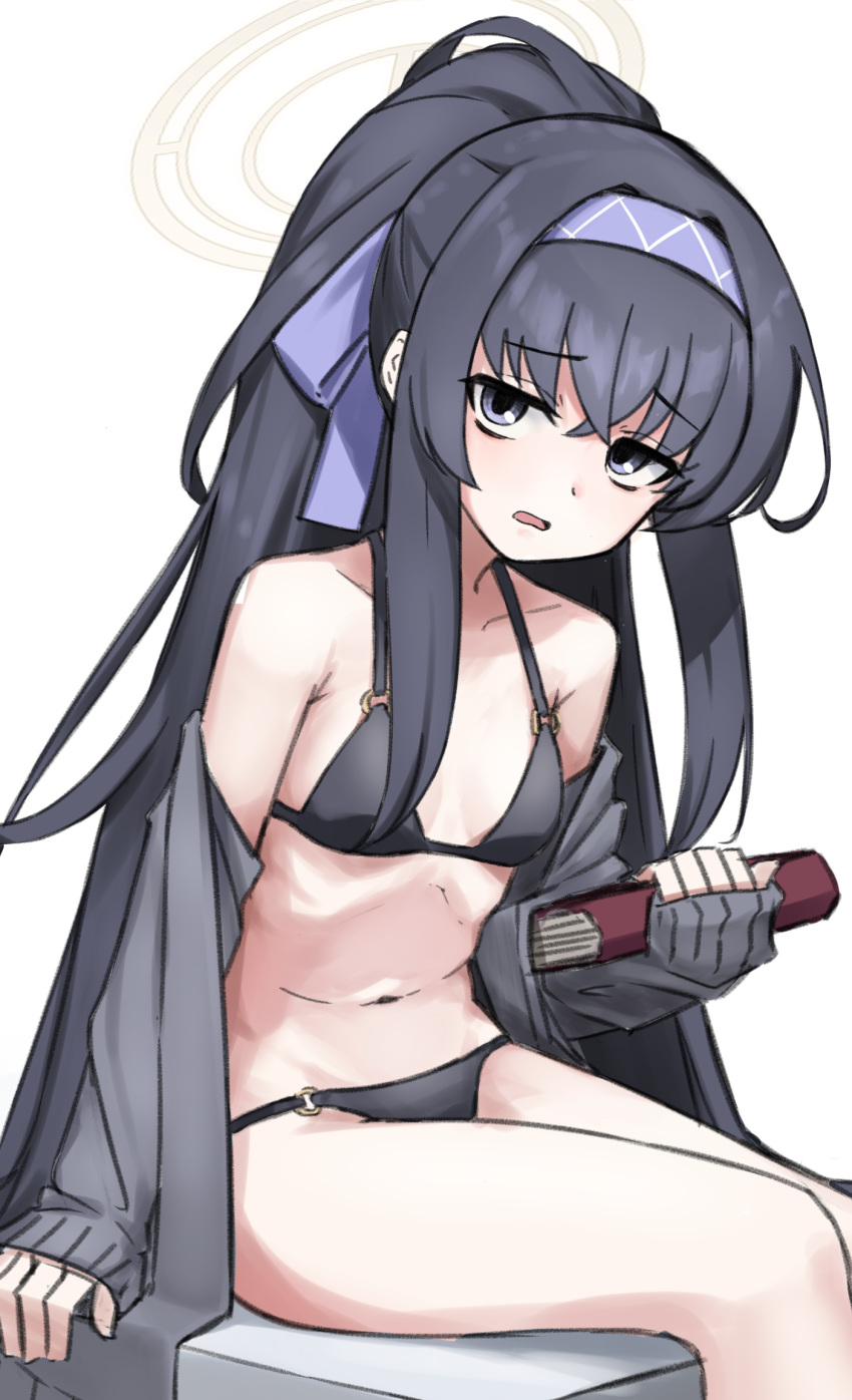 1girl bare_shoulders bikini black_bikini black_cardigan black_hair blue_archive book breasts cardigan commentary_request furrowed_brow grey_eyes hairband halo highres holding holding_book hudeako long_hair looking_at_viewer navel o-ring o-ring_bikini open_cardigan open_clothes parted_lips purple_hairband sitting sleeves_past_wrists small_breasts solo swimsuit thighs ui_(blue_archive) ui_(swimsuit)_(blue_archive) very_long_hair white_halo