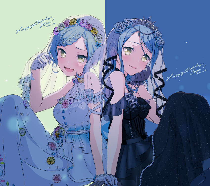 2girls :d absurdres aqua_hair arm_at_side arm_ribbon back-to-back bang_dream! bare_shoulders black_collar black_dress black_gloves blue_background blue_flower blue_rose blush braid braided_bangs breasts bridal_veil character_name collar commentary dated dress earrings feet_out_of_frame floral_print flower flower_earrings frilled_dress frills from_side gem gloves green_background green_eyes hair_flower hair_ornament hand_on_own_chin hand_up happy_birthday highres hikawa_hina hikawa_sayo holding holding_hair jewelry light_particles long_dress long_hair looking_at_viewer looking_to_the_side medium_breasts multiple_girls necklace nobusawa_osamu official_alternate_costume official_alternate_hairstyle open_mouth parted_lips pearl_(gemstone) pendant pink_flower pink_rose print_dress ribbon rose see-through short_hair siblings sidelocks single_braid sisters sitting sleeveless sleeveless_dress smile strapless strapless_dress stud_earrings swept_bangs tiara twins two-tone_background veil wedding_dress white_dress white_flower white_gloves white_ribbon white_rose yellow_flower