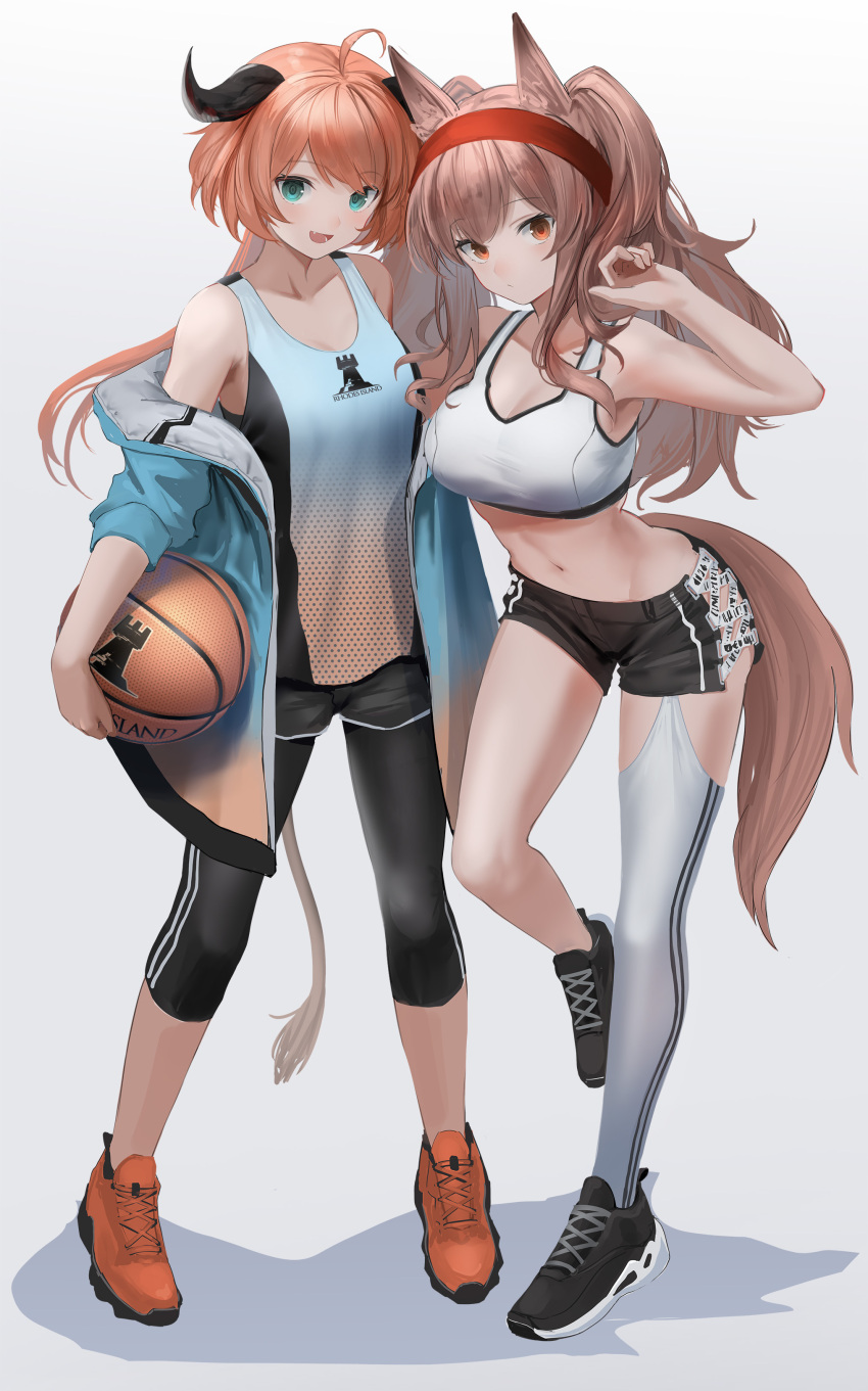 2girls :d absurdres ahoge angelina_(arknights) animal_ears arknights arm_up ball bangs bare_shoulders basketball basketball_uniform black_footwear black_leggings black_shorts blue_jacket blue_shirt breasts brown_hair cleavage closed_mouth collarbone commentary_request cow_horns croissant_(arknights) fox_ears fox_girl full_body green_eyes headband highres holding holding_ball horns jacket large_breasts leggings long_hair looking_at_viewer low_ponytail medium_breasts midriff multiple_girls navel off_shoulder open_mouth orange_footwear orange_hair red_eyes red_headband rhodes_island_logo shadow shirt shoes short_shorts shorts sidelocks simple_background single_thighhigh skindentation smile sneakers sports_bra sportswear standing standing_on_one_leg sthk thighhighs twintails white_background white_sports_bra