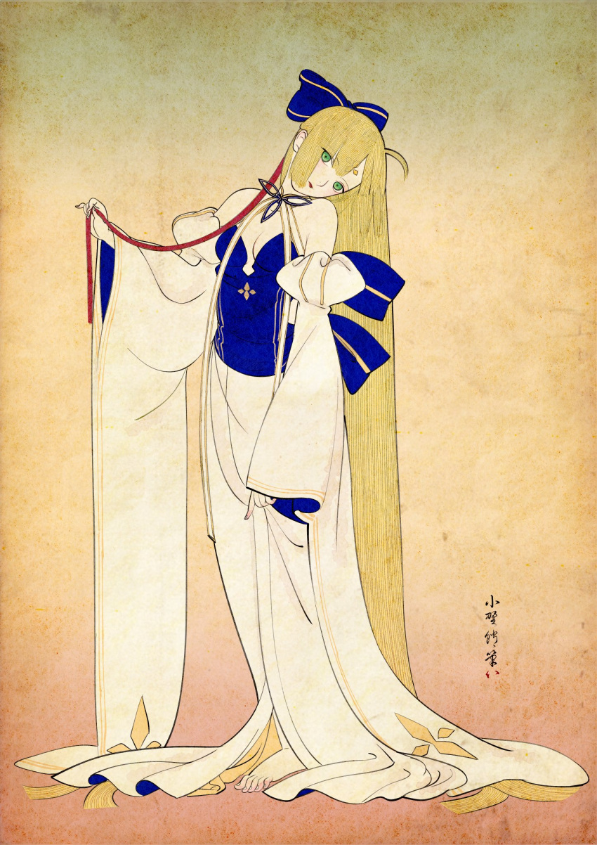 1girl absurdly_long_hair adapted_costume artoria_caster_(fate) artoria_caster_(swimsuit)_(fate) artoria_pendragon_(fate) bare_shoulders barefoot blonde_hair blue_bow blue_kimono blush bow breasts cleavage commentary_request expressionless fate/grand_order fate_(series) full_body gradient_background green_eyes hair_bow head_tilt highres japanese_clothes kimono long_hair looking_at_viewer nihonga ono_tako signature small_breasts solo toes two-tone_kimono ukiyo-e very_long_hair white_kimono wide_sleeves