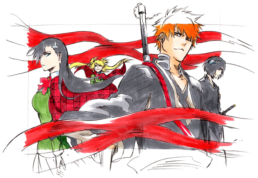 1boy absurdres bleach blonde_hair blue_eyes breasts burn_the_witch capelet closed_mouth floating_hair green_eyes hair_ornament highres ken'ichi_(ken1ro_u) kuchiki_rukia kurosaki_ichigo large_breasts long_hair long_sleeves looking_at_viewer multiple_girls niihashi_noel ninny_spangcole orange_eyes orange_hair plaid_capelet red_capelet ribbon shihakusho smile sword sword_on_back twintails weapon weapon_on_back