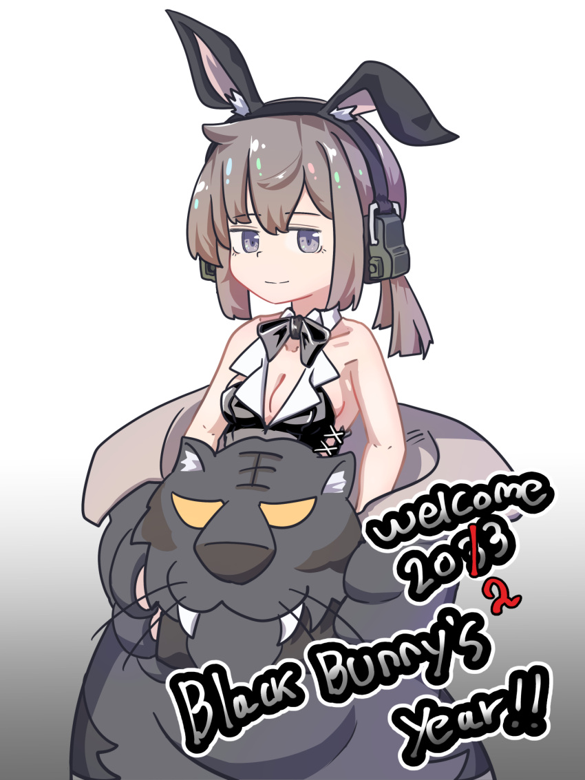 1girl ahoge alternate_costume animal_costume bare_shoulders closed_mouth english_text furry girls'_frontline hair_ornament happy hexaa highres m200_(girls'_frontline) purple_eyes smile solo