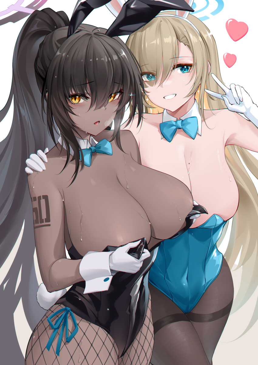 2girls absurdres adjusting_clothes adjusting_leotard animal_ears arm_around_shoulder arm_tattoo asuna_(blue_archive) asuna_(bunny)_(blue_archive) bangs bare_shoulders black_hair black_hairband black_leotard black_pantyhose blue_archive blue_bow blue_bowtie blue_eyes blue_leotard blush bow bowtie breasts brown_background brown_pantyhose chinese_commentary chromatic_aberration cleavage collarbone commentary_request covered_navel dark-skinned_female dark_skin detached_collar eyes_visible_through_hair fake_animal_ears fishnet_pantyhose fishnets garden03 gloves grin hair_between_eyes hair_over_one_eye hairband halo hand_on_another's_shoulder hands_up heart heavy_breathing high_ponytail highres karin_(blue_archive) karin_(bunny)_(blue_archive) large_breasts leotard light_brown_hair long_hair looking_at_viewer lower_teeth_only mole mole_on_breast multiple_girls number_tattoo official_alternate_costume pantyhose parted_lips playboy_bunny ponytail rabbit_ears raised_eyebrows revision side-by-side side-tie_leotard sidelocks slit_pupils smile sparkle standing strapless strapless_leotard sweat tattoo teeth thighband_pantyhose two-tone_background v very_long_hair wet wet_hair white_background white_gloves white_hairband wrist_cuffs yellow_eyes
