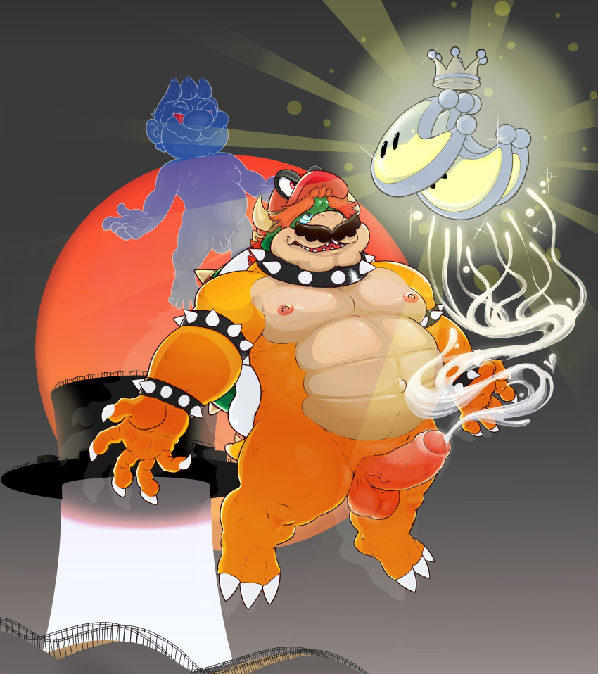 3_toes 5_fingers absurd_res armband balls belly bodily_fluids bowser bracelet cappy_(mario) claws clothing collar crown cum duo erection facial_hair feet fingers flaccid frown genital_fluids genitals hat headgear headwear hi_res human humanoid_genitalia humanoid_penis jewelry koopa male male/male mammal mario_bros mustache navel nintendo nipples nude penis possession power_moon red_eyes scalie shell spiked_armband spiked_bracelet spiked_collar spiked_shell spikes spikes_(anatomy) super_mario_odyssey toes top_hat