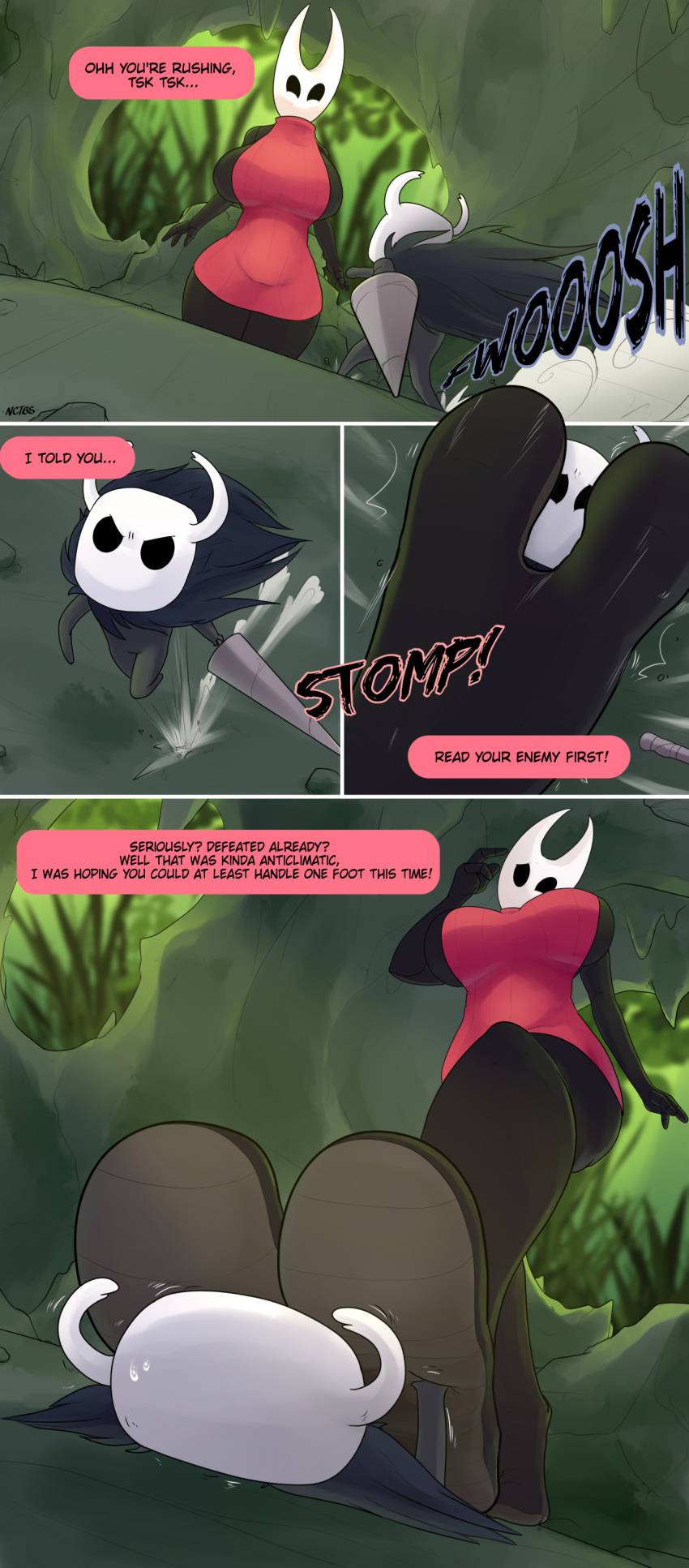 2_toes absurd_res anthro breasts comic cornchip21 dialogue duo feet female foot_fetish foot_focus foot_play hi_res hollow_knight hornet_(hollow_knight) male male/female noctibus size_difference soles speech_bubble team_cherry the_knight_(hollow_knight) toes trampling underfoot