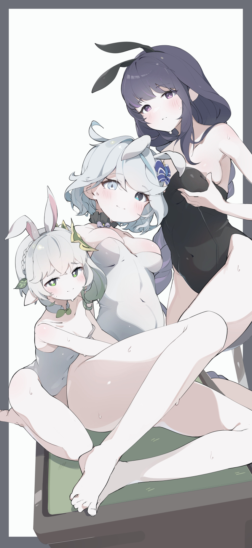 3girls absurdres animal_ears bare_legs barefoot black_leotard blue_eyes blue_hair blunt_bangs blush braid breasts bullet_(bullet0701) cleavage closed_mouth covered_navel detached_collar fake_animal_ears feet full_body furina_(genshin_impact) genshin_impact green_eyes grey_hair hair_between_eyes heterochromia highres knee_up leotard light_blue_hair long_hair looking_at_viewer medium_breasts multiple_girls nahida_(genshin_impact) playboy_bunny purple_eyes purple_hair rabbit_ears raiden_shogun sitting small_breasts smile sweatdrop toenails toes white_leotard