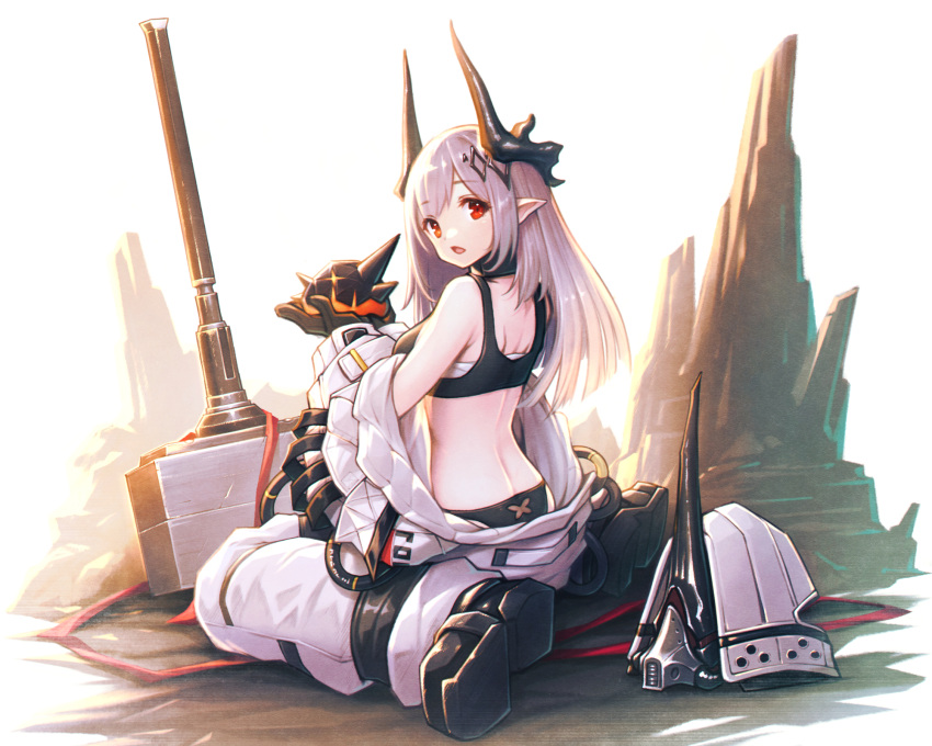 1girl arknights back black_bra black_footwear black_gloves black_panties bodysuit bra breasts creature demon_horns demon_tail from_behind gloves gogatsu_no_renkyuu grey_hair hair_ornament helmet highres holding holding_creature horns long_hair looking_at_viewer looking_back medium_breasts mudrock_(arknights) open_bodysuit open_clothes originium_slug_(arknights) panties pointy_ears red_eyes sitting solo stalagmite tail underwear unworn_headwear unworn_helmet war_hammer wariza weapon white_bodysuit