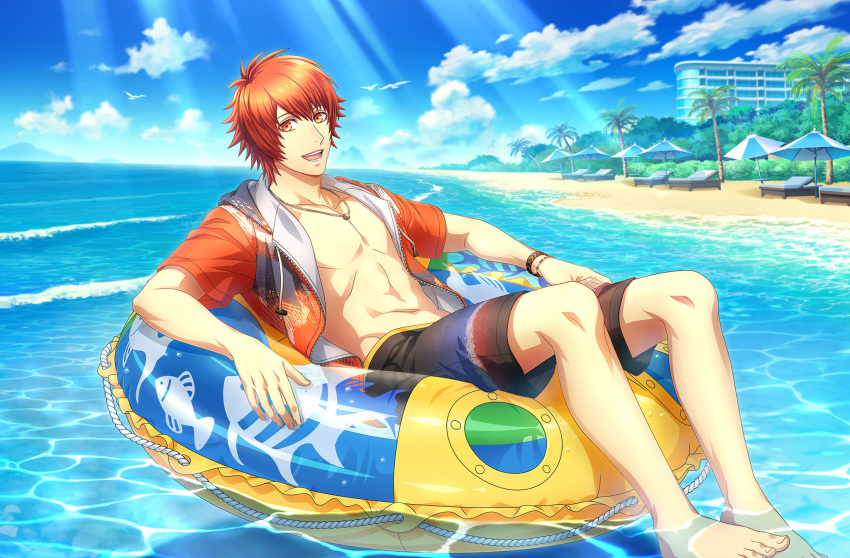 1boy antenna_hair bad_source barefoot beach blue_sky building fingernails game_cg highres ittoki_otoya looking_at_viewer male_focus male_swimwear ocean official_art open_clothes open_mouth open_shirt palm_tree red_eyes red_hair short_sleeves sky smile soaking_feet solo swim_trunks teeth toenails toes tree umbrella uta_no_prince-sama uta_no_prince-sama:_shining_live