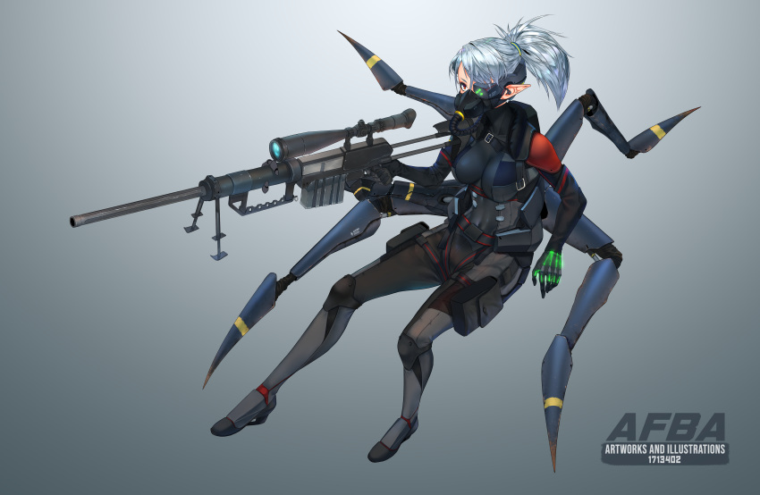 1girl absurdres afba armor artist_name backpack bag bodysuit breasts commission covered_navel earpiece elf full_body gloves grey_background gun highres knee_pads large_breasts mask mechanical_legs medium_hair military one_eye_closed original oxygen_mask pointy_ears ponytail red_eyes rifle scope scouter shoulder_armor sniper_rifle solo swept_bangs tactical_clothes thigh_pouch tube weapon white_hair
