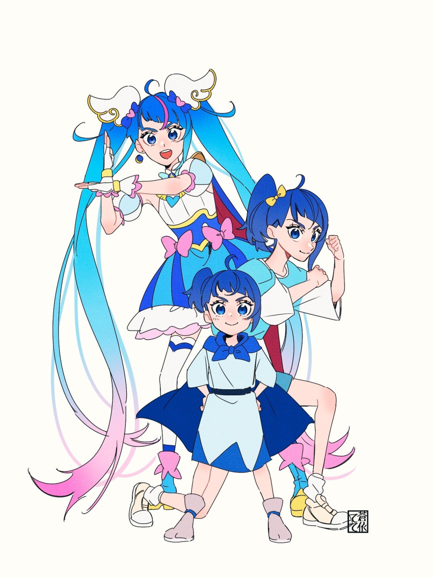 3girls ahoge artist_logo blue_cape blue_dress blue_footwear blue_hair blue_shirt blue_skirt boots brooch cape closed_mouth crossed_wrists cut_bangs dress earrings fighting_stance fingerless_gloves gloves gradient_hair grey_footwear hair_bun hair_ribbon hand_on_own_arm hands_on_own_hips highres hirogaru_sky!_precure jewelry long_hair looking_at_viewer magical_girl medium_dress medium_hair miniskirt multicolored_hair multiple_girls on_one_knee open_mouth pink_hair precure red_cape ribbon shirt shoes short_dress short_sleeves simple_background single_earring single_side_bun skirt sleeveless sleeveless_dress smile sneakers socks sora_harewataru standing streaked_hair tete_a thighhighs time_paradox two-sided_cape two-sided_fabric very_long_hair white_background white_footwear white_gloves white_socks white_thighhighs wing_brooch wing_hair_ornament yellow_ribbon