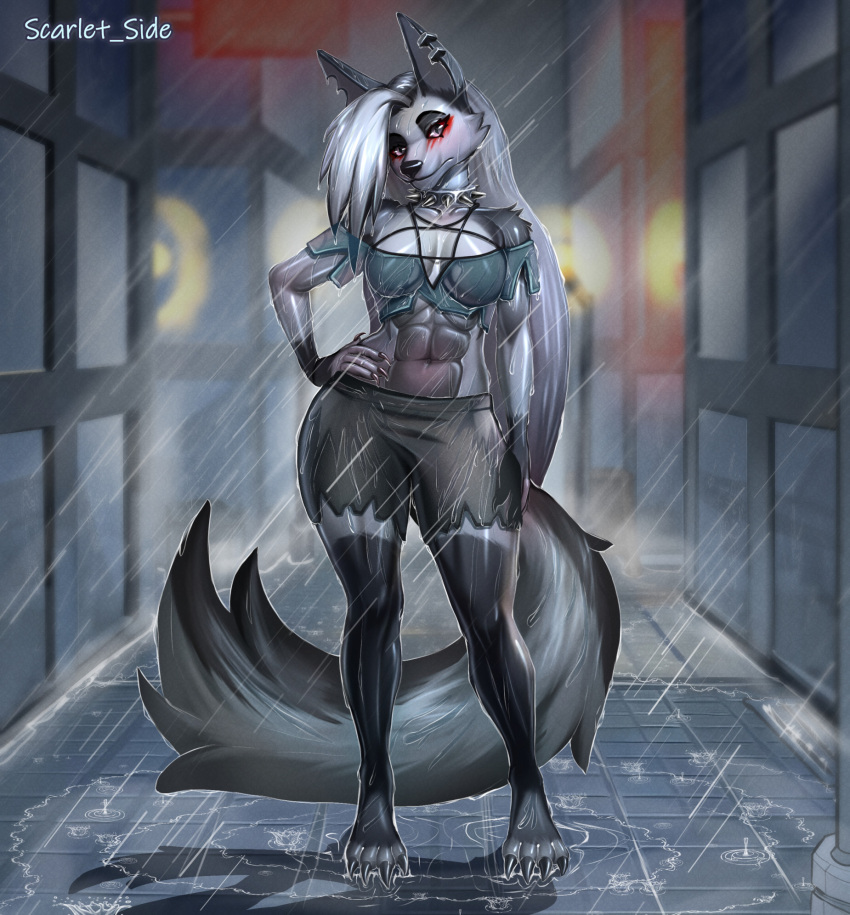 2023 4_toes abs anthro artist_name athletic athletic_female barefoot black_nose bottomwear breasts canid canid_demon cheek_tuft cleavage clothed clothing collar cutoffs demon denim denim_clothing ear_piercing facial_tuft feet female fur grey_body grey_fur grey_hair hair half-closed_eyes hand_on_hip hellhound helluva_boss hi_res long_hair looking_at_viewer loona_(helluva_boss) mammal medium_breasts midriff multicolored_body multicolored_fur narrowed_eyes navel notched_ear outside piercing raining red_sclera running_makeup scarlet_side shirt shorts solo spiked_collar spikes standing tank_top toes topwear torn_clothing tuft two_tone_body two_tone_fur water white_body white_eyes white_fur