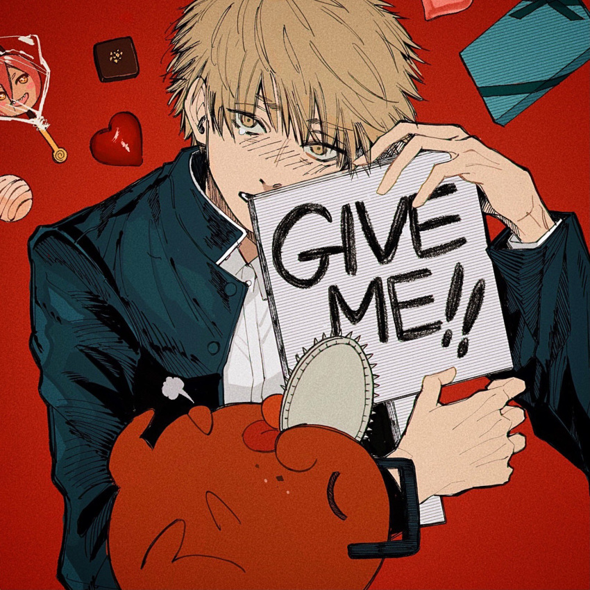 1boy 1other blonde_hair box chainsaw chainsaw_man chocolate closed_eyes denji_(chainsaw_man) fume gakuran gift gift_box heart highres looking_at_viewer namida_a2 open_mouth pochita_(chainsaw_man) power_(chainsaw_man) red_background school_uniform short_hair simple_background tongue tongue_out valentine