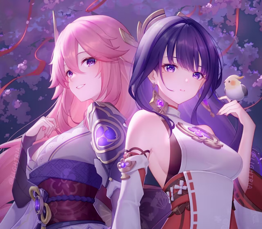 2girls animal_ears blush breasts bridal_gauntlets cleavage cosplay fox_ears genshin_impact grin hair_ornament japanese_clothes kimono large_breasts lightria long_hair long_sleeves looking_at_viewer multiple_girls non-web_source obi off_shoulder out_of_frame pink_hair purple_eyes purple_kimono raiden_shogun raiden_shogun_(cosplay) sash shrug_(clothing) sidelocks smile solo_focus very_long_hair wide_sleeves yae_miko