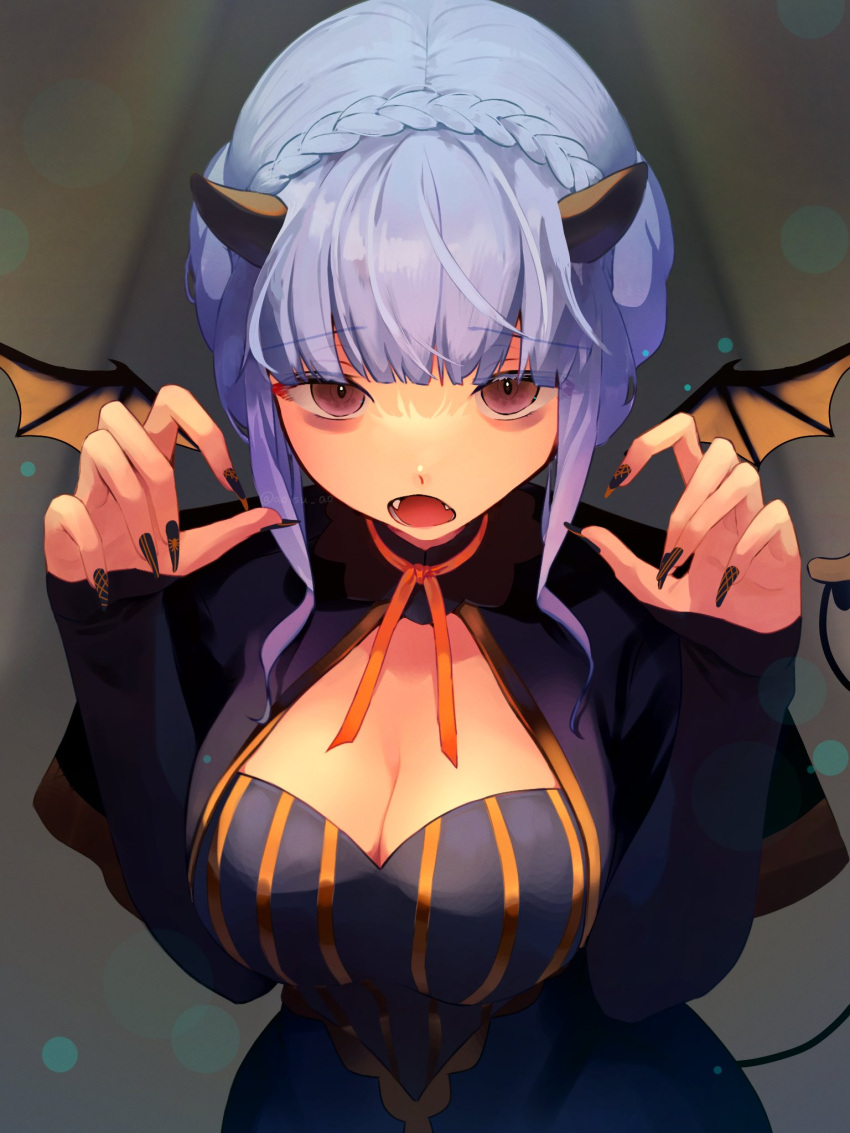 1girl alternate_costume aoisu_ao bags_under_eyes black_horns black_nails blue_hair blunt_bangs braid breasts brown_eyes cleavage commentary_request crown_braid demon_tail demon_wings dress fake_horns fake_tail fake_wings fang fingernails fire_emblem fire_emblem:_three_houses halloween halloween_costume highres horns large_breasts long_sleeves looking_at_viewer marianne_von_edmund open_mouth short_hair sidelocks solo tail wings